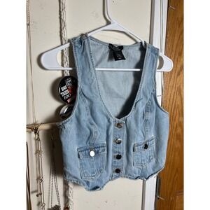'Cropped Denim Vest Light Wash Cotton Jean Button Up Waistcoat Sz Medium